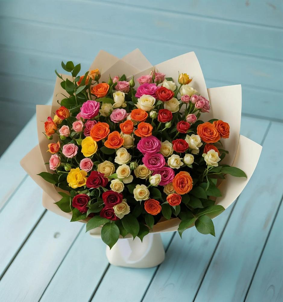 Букет Микс из разноцветных кустовых роз в Хандыге